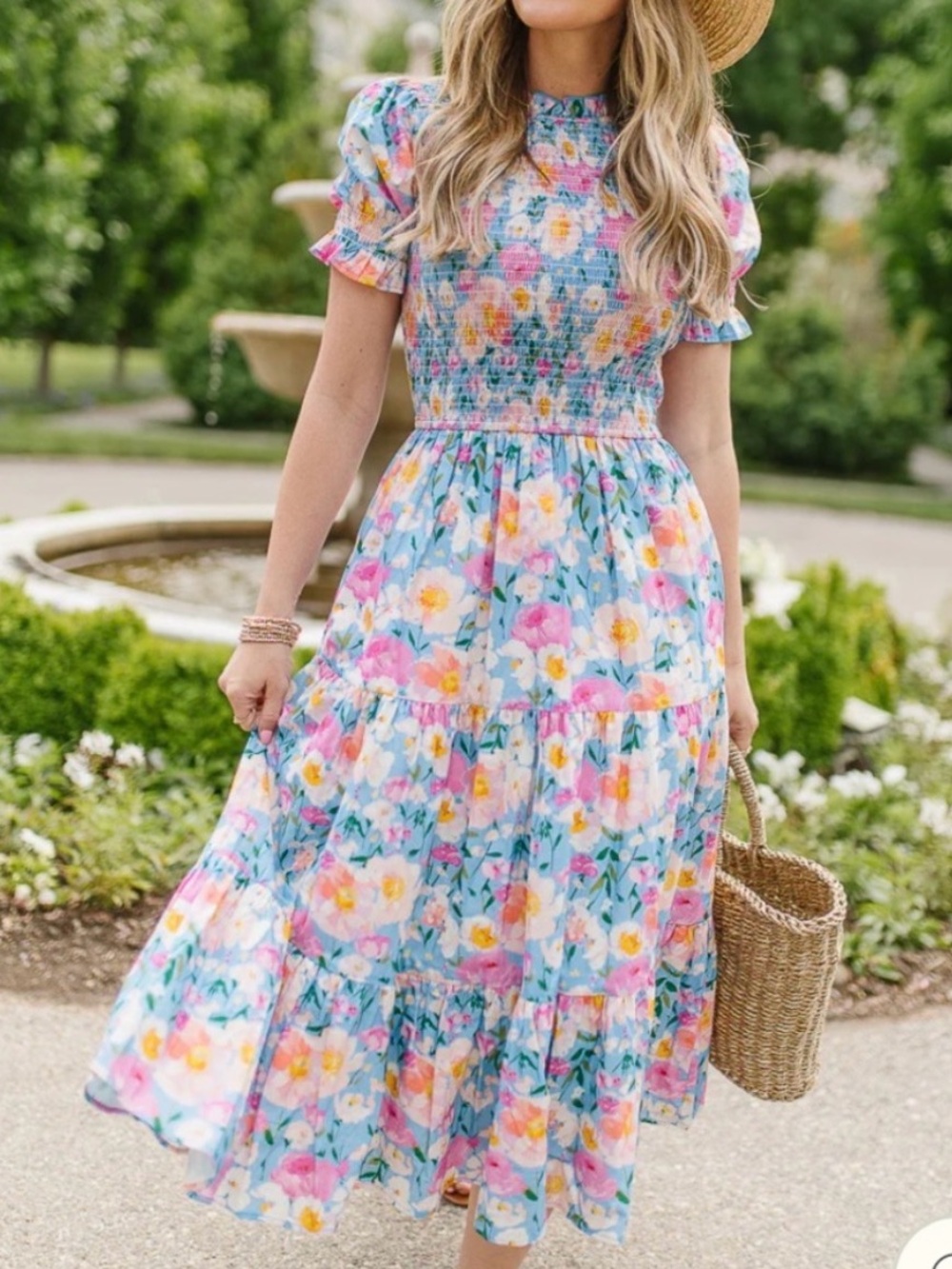Ivy City Co Delia Dress in Blue - Floral Smocked Midi Dress with Pockets